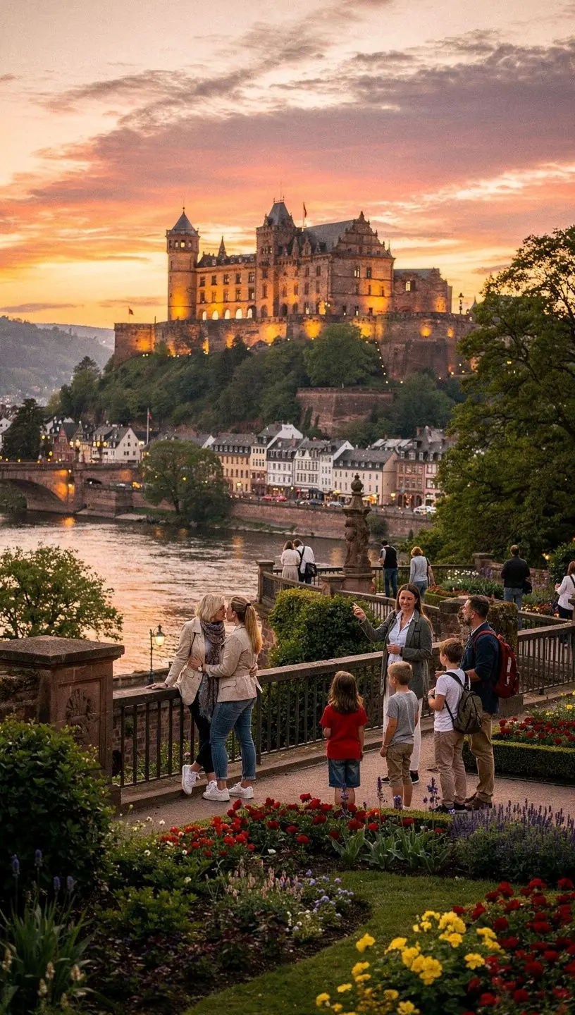 Abendstimmung an einer beleuchteten Burg mit Blick auf umliegende Wälder und Fluss